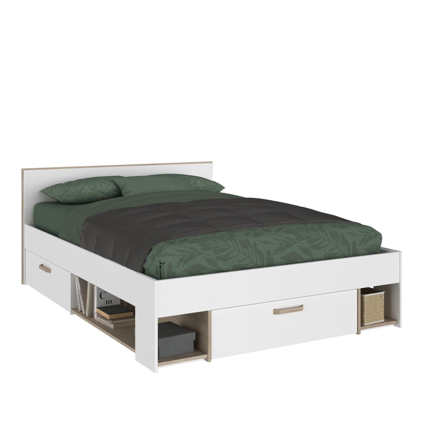 Modern Dream Double Storage Bed with integrated headboard shelves and spacious under-bed drawers, ideal for space-saving and stylish bedrooms.