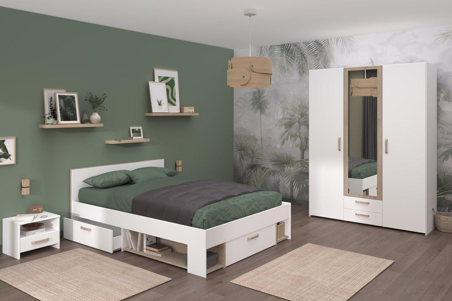 Dream Double Storage Bed with modern design, under-bed drawers, and integrated headboard shelves in a stylish bedroom setting.