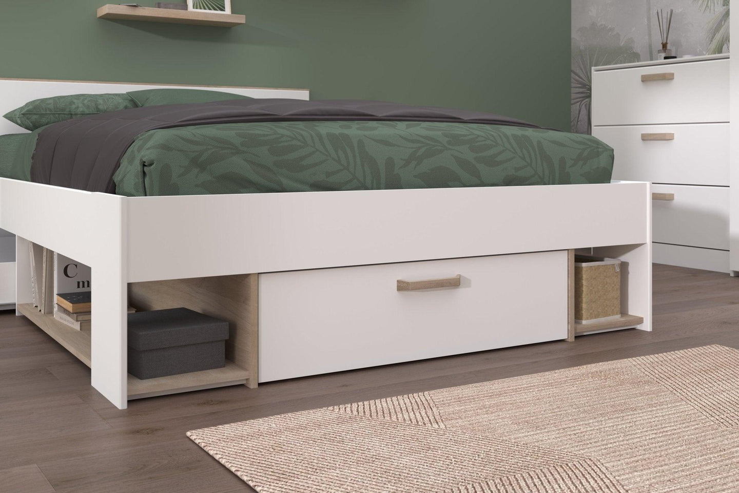 Dream Double Storage Bed with under-bed drawers and headboard shelves, modern design, white finish.