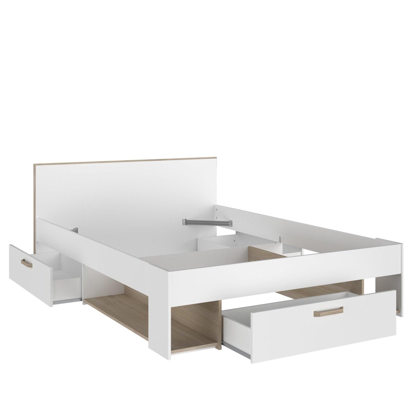 Dream Double Storage Bed with integrated headboard shelves and under-bed drawers, modern white design.