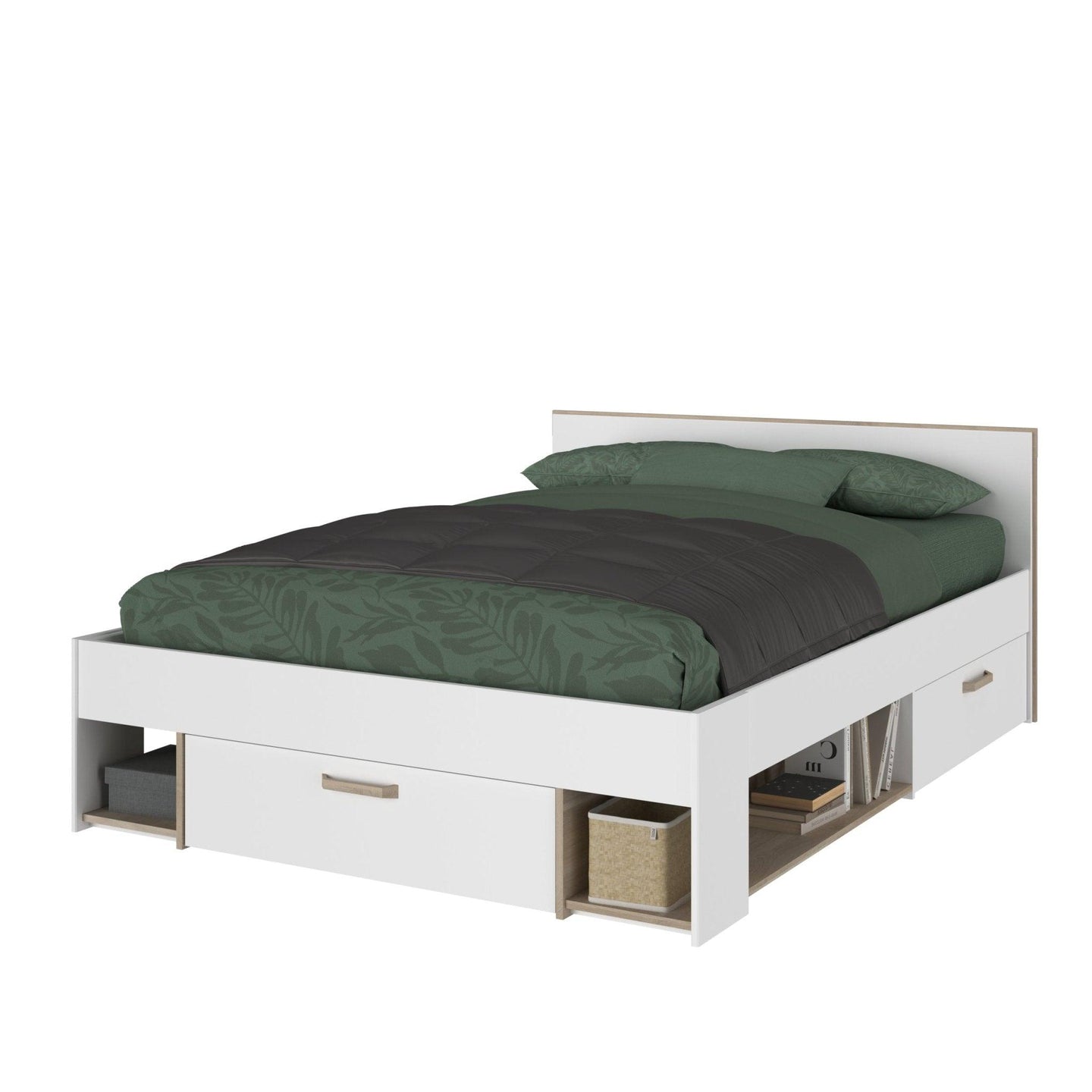 Modern Dream Double Storage Bed with integrated headboard shelves and under-bed drawers for efficient bedroom organization.