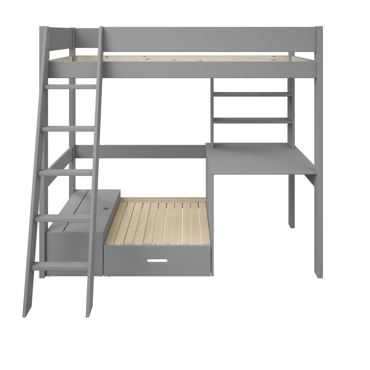 Estella Grey High Sleeper Bed with Desk and Silver Futon, space-saving design, flexible configuration, sturdy ladder, under-bed desk, hidden storage.