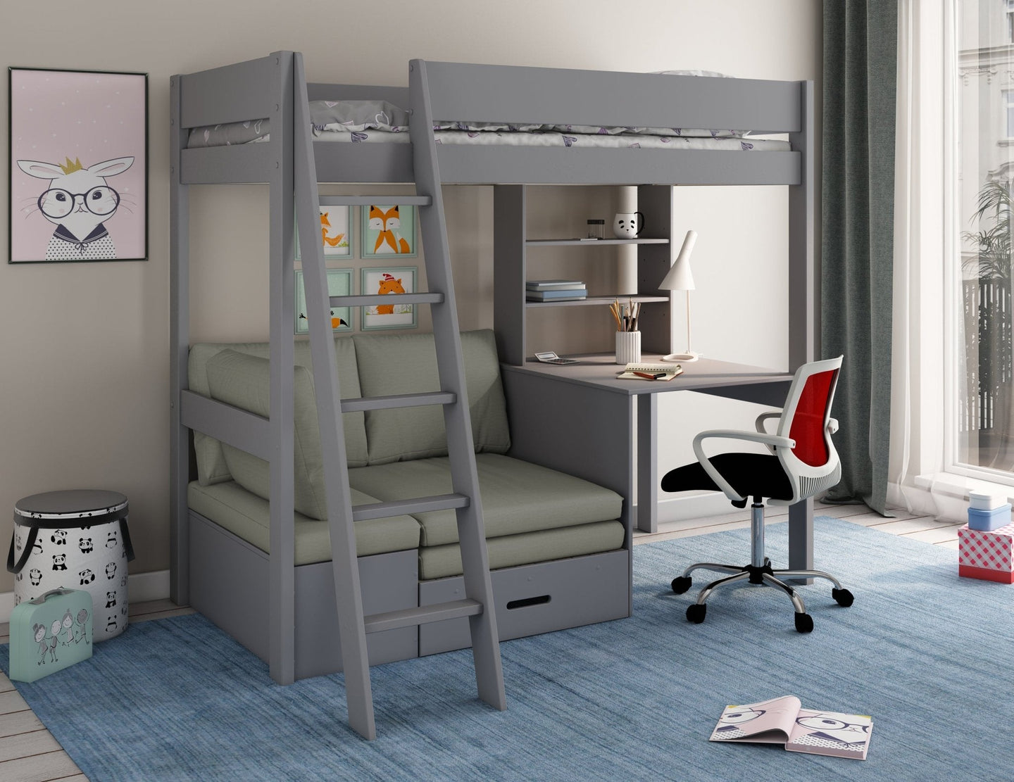 Estella Grey High Sleeper Bed with ladder, desk, and futon in child's room.