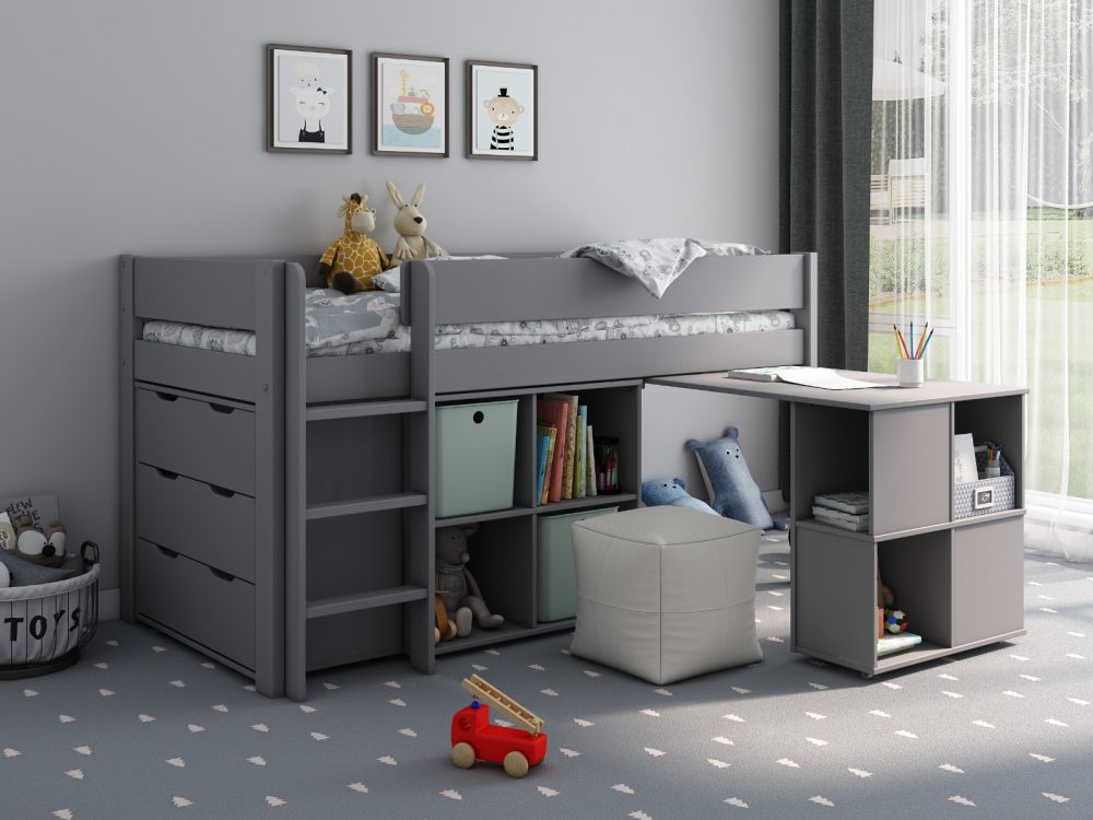 Estella - Mid Sleeper Bed with Cube, Desk & Optional Drawers - Millie & Jones