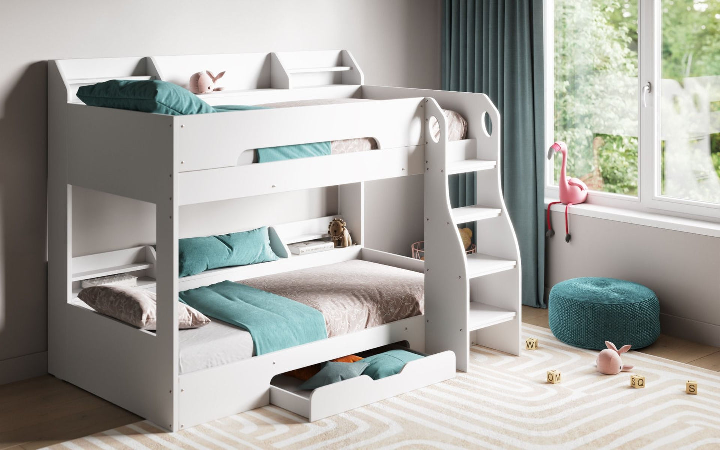 Flick Bunk Bed with Storage Drawer & Shelves - Millie & Jones