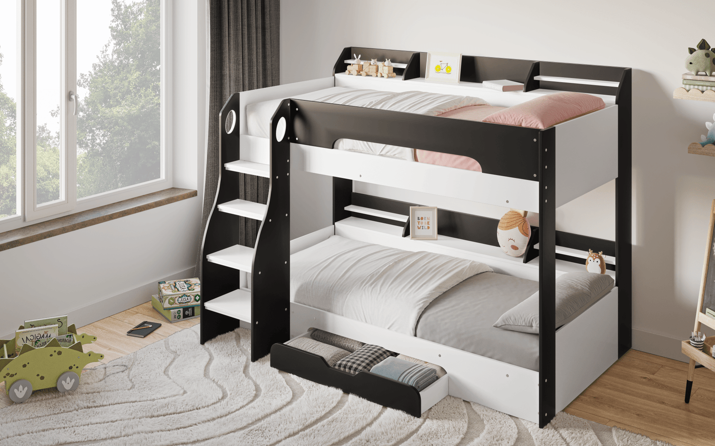 Flick Bunk Bed with Storage Drawer & Shelves - Millie & Jones