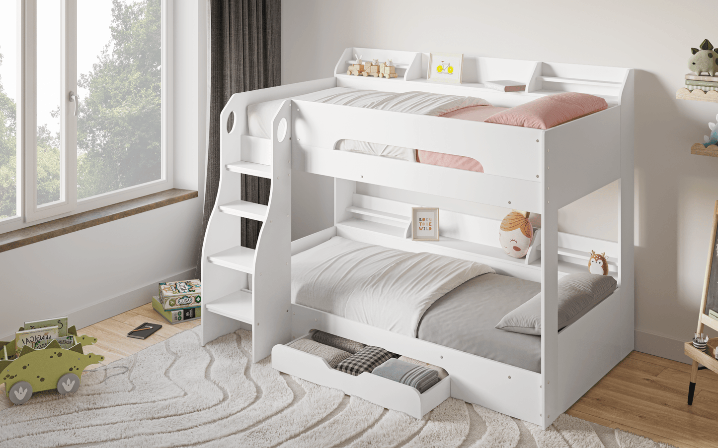 Flick Bunk Bed with Storage Drawer & Shelves - Millie & Jones