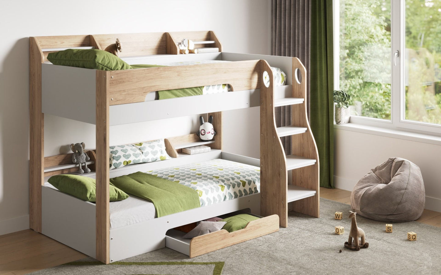 Flick Bunk Bed with Storage Drawer & Shelves - Millie & Jones