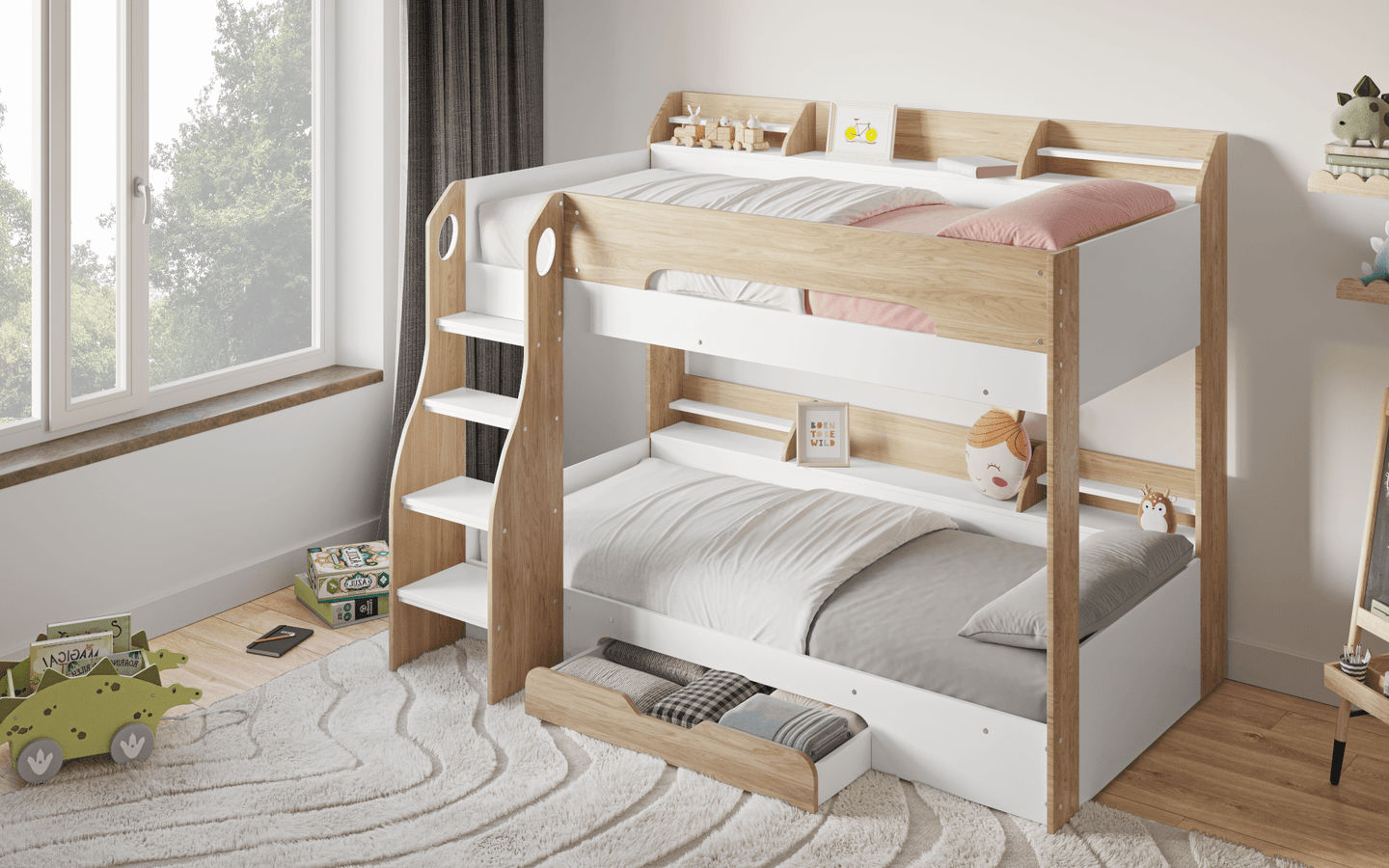 Flick Bunk Bed with Storage Drawer & Shelves - Millie & Jones