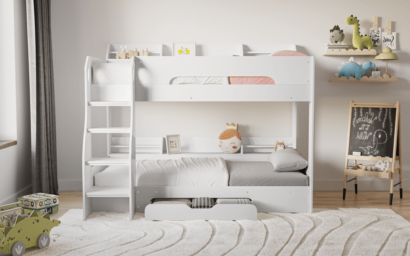 Flick Bunk Bed with Storage Drawer & Shelves - Millie & Jones