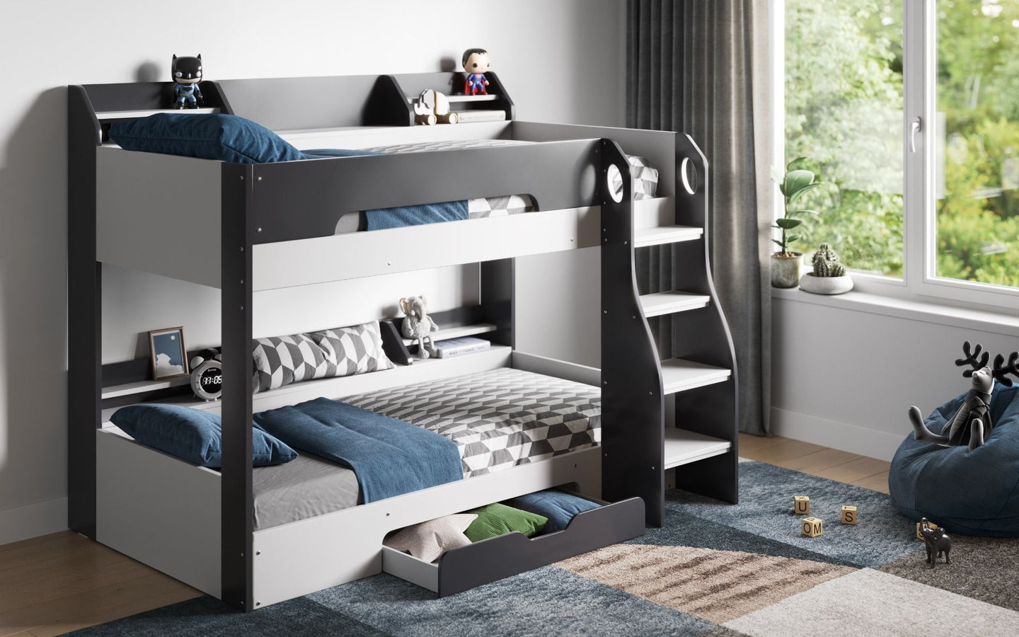 Flick Bunk Bed with Storage Drawer & Shelves - Millie & Jones