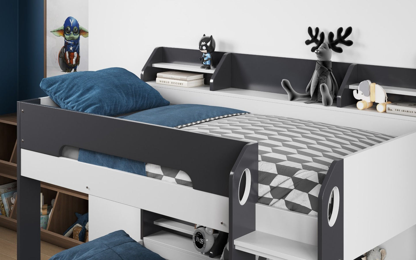 Flick Bunk Bed with Storage Drawer & Shelves - Millie & Jones