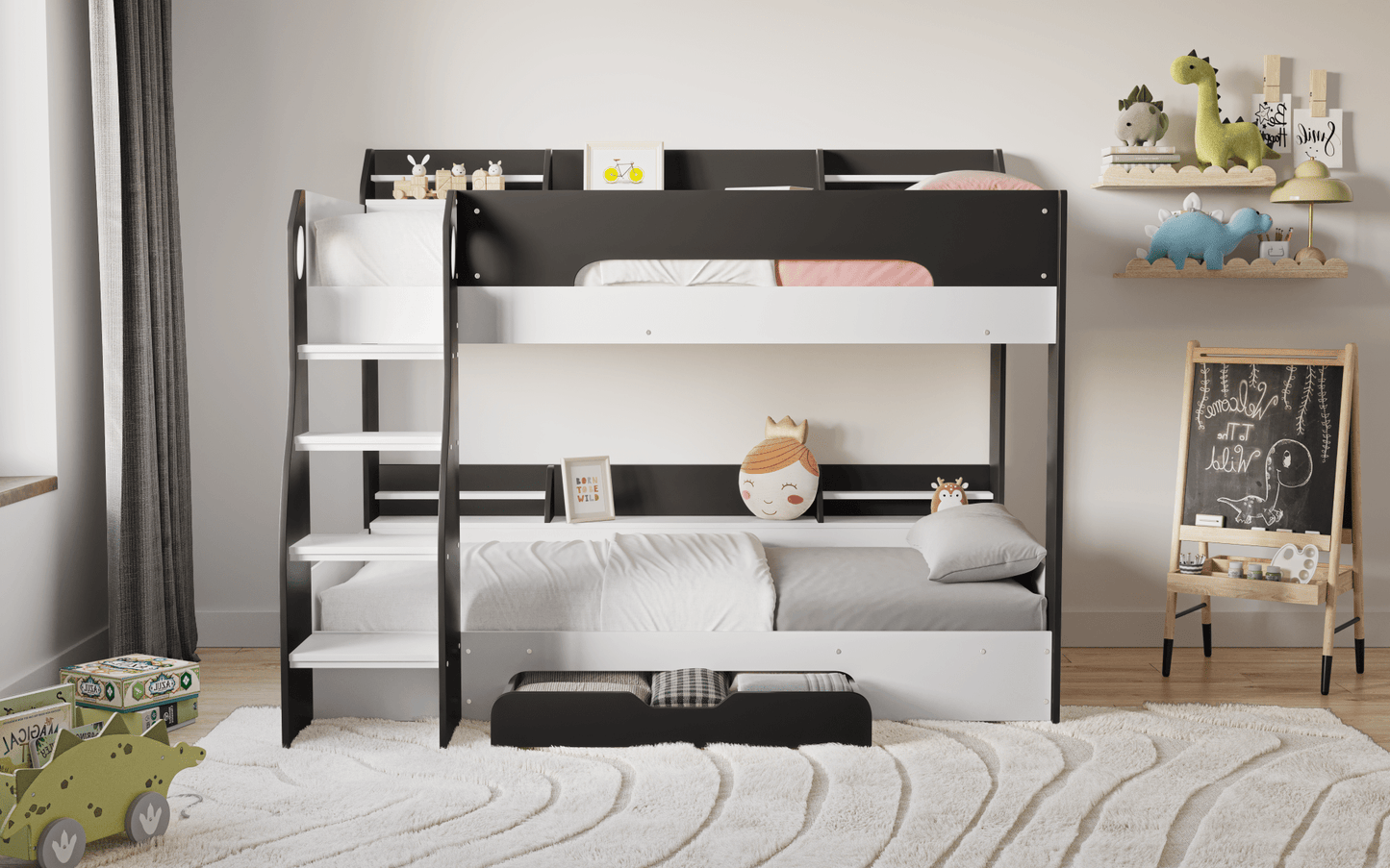 Flick Bunk Bed with Storage Drawer & Shelves - Millie & Jones