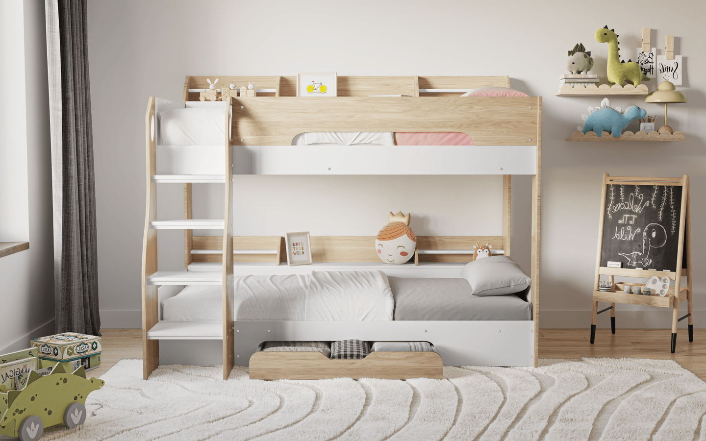 Flick Bunk Bed with Storage Drawer & Shelves - Millie & Jones