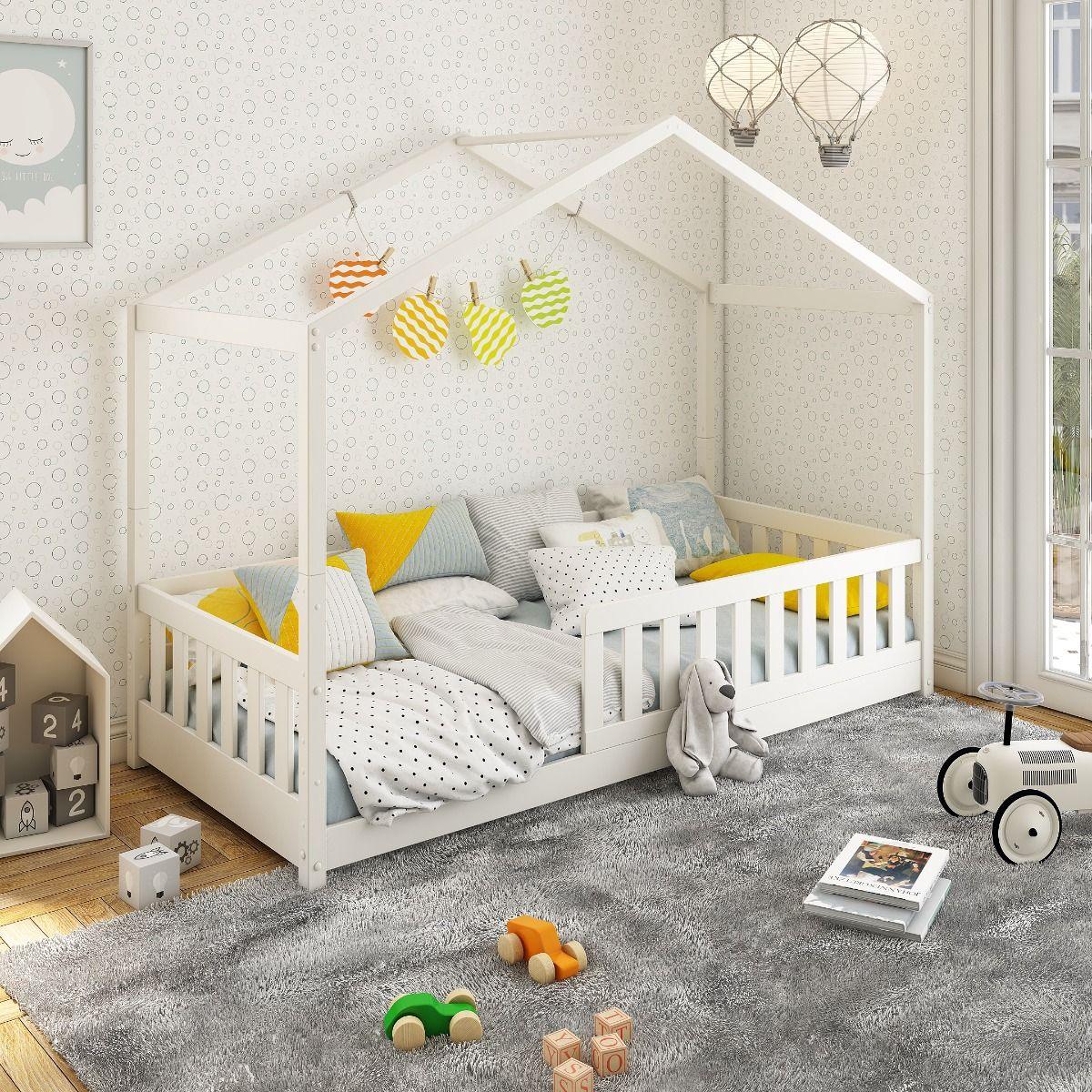 Froya Evolutionary House Bed White with canopy frame, high safety rails, and cozy daybed design for children.