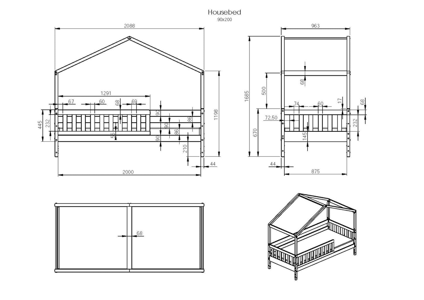 Froya Evolutionary House Bed White dimensions and design illustration with canopy-style frame and high side rails.