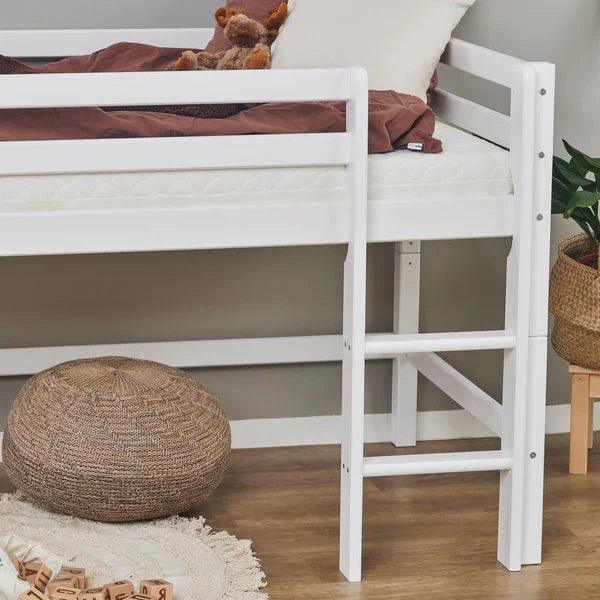 ECO Dream mid sleeper bed with slide, white solid pine, safe and fun children's bed, Hoppekids, eco-friendly design, functional and versatile with ladder.