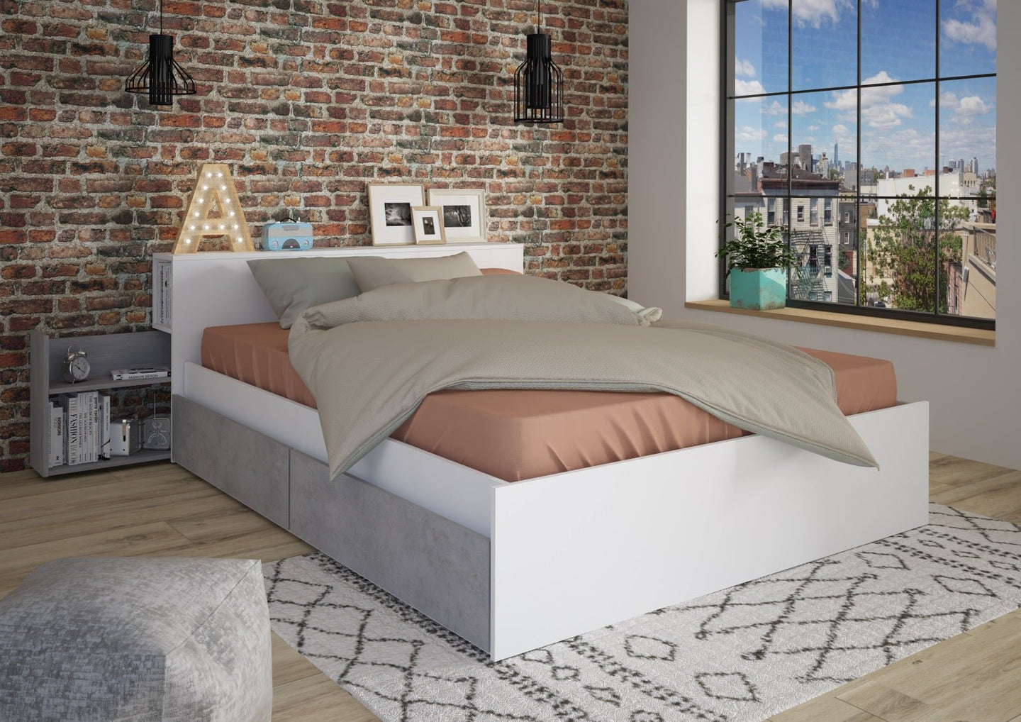 Jazz Double bed with pull-out bedside tables and spacious storage drawers, available in Oak and Graphite or White and Grey finishes. Ideal for teens and children needing extra space and stylish design.