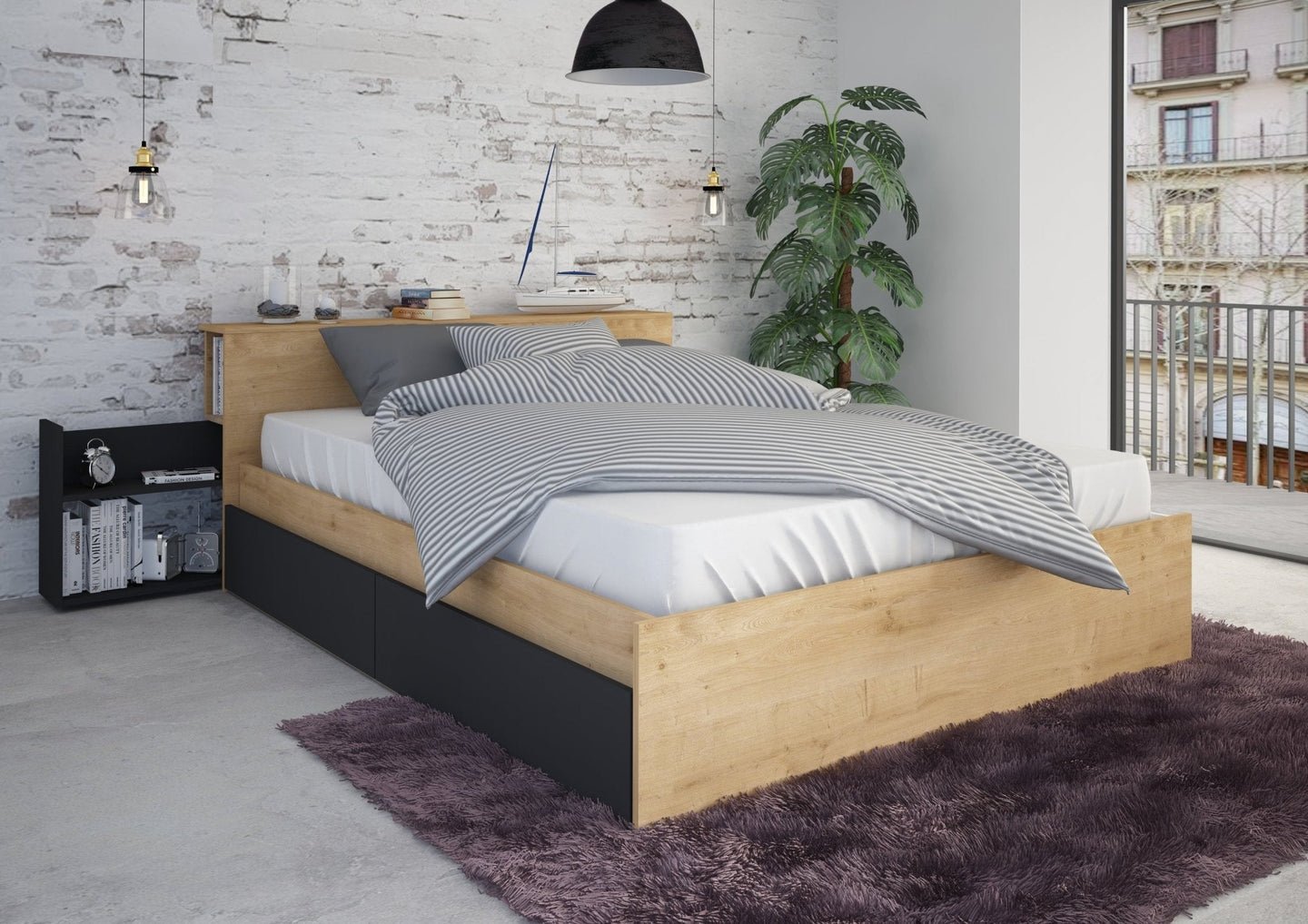 Jazz Double Bed with storage drawers, pull-out bedside tables, and stylish headboard in Oak and Graphite finish.