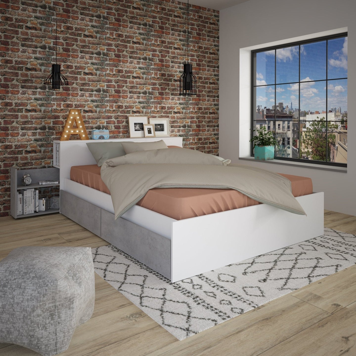 Jazz Double Bed with stylish Oak and Graphite or White and Grey finish, featuring spacious under-bed drawers, pull-out bedside tables, multi-functional headboard, ideal storage solution for teens.