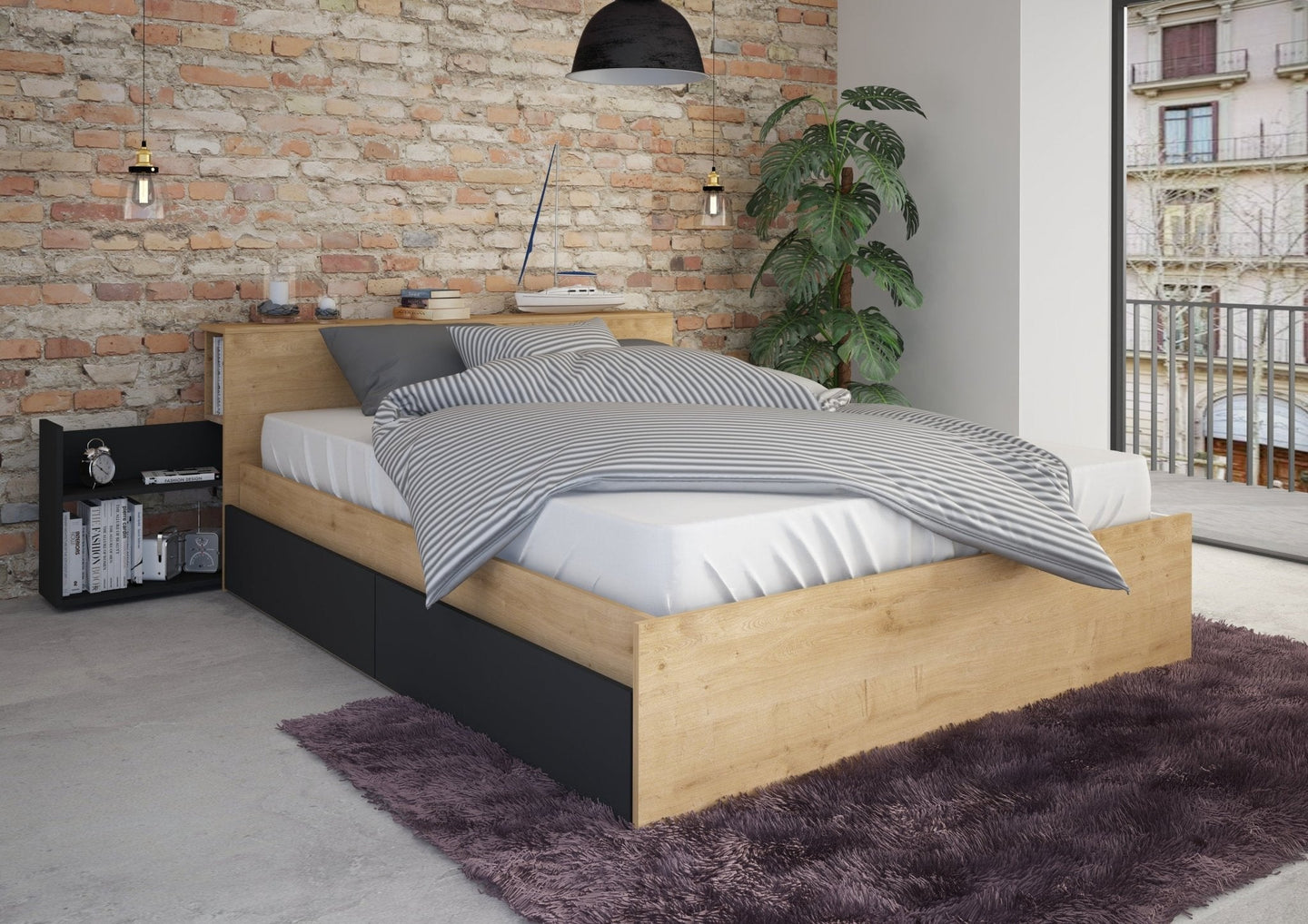 Jazz Double Bed with storage drawers in Oak and Graphite finish, featuring pull-out bedside tables and multi-functional headboard, ideal for teens and kids.