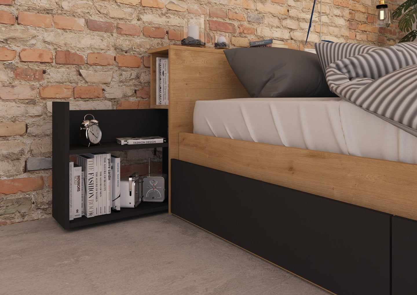 Jazz Double bed with under-bed storage drawers and multi-functional headboard in Oak and Graphite finish, ideal for teens.