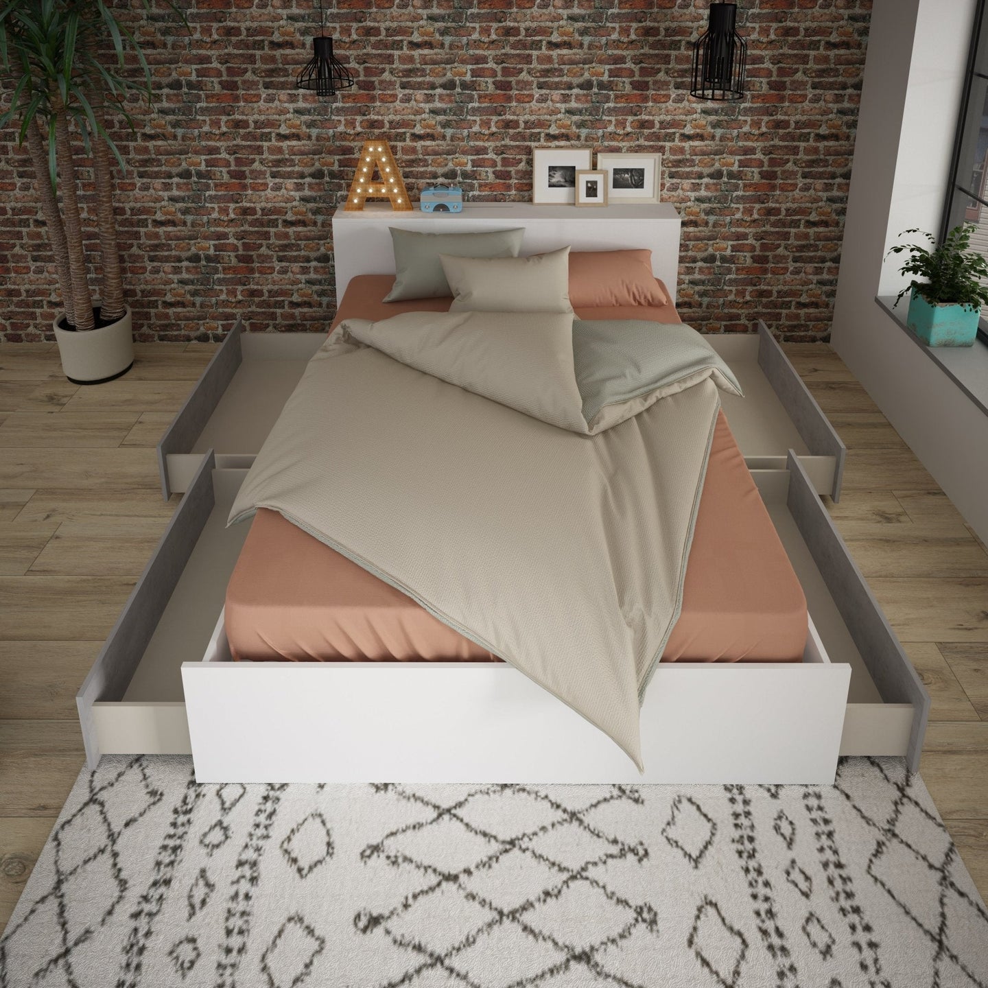 Jazz Double Bed with color options, featuring four under-bed drawers, pull-out bedside tables, multi-functional headboard with top and side shelves, available in Oak and Graphite or White and Grey finishes.