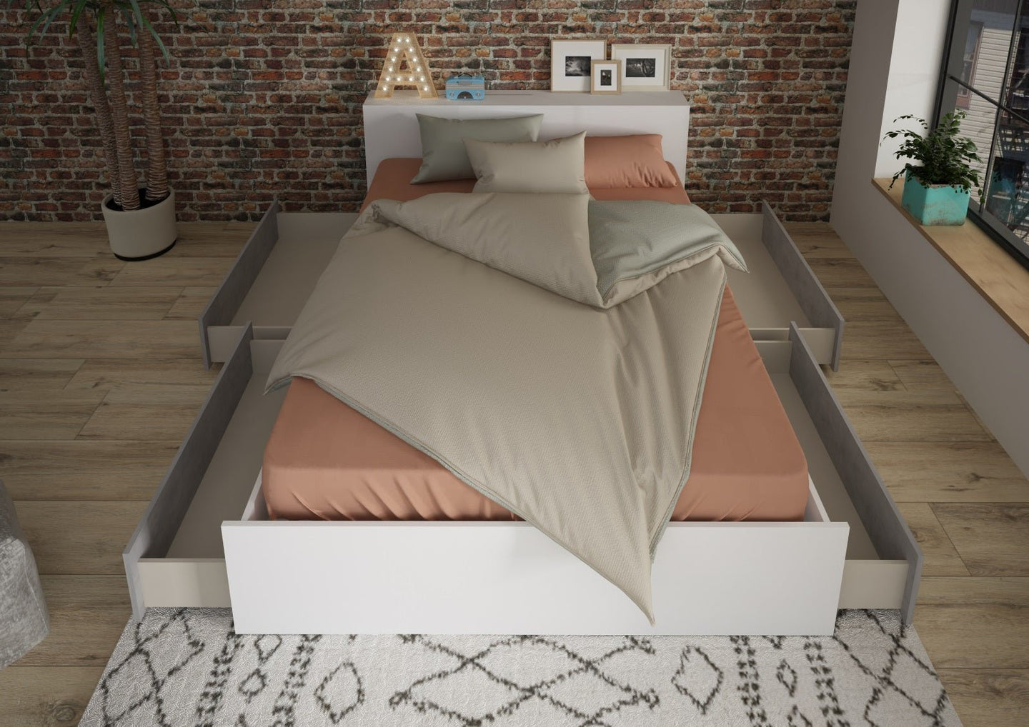 Jazz Double Bed with pull-out drawers, multi-functional headboard, and stylish white and grey finish.