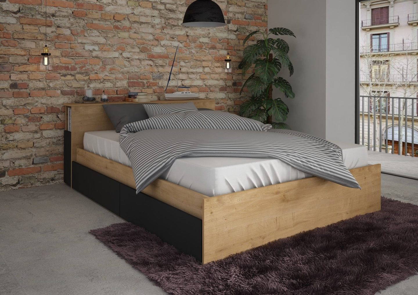 Jazz Double Bed in Oak and Graphite finish with under-bed storage and multi-functional headboard.