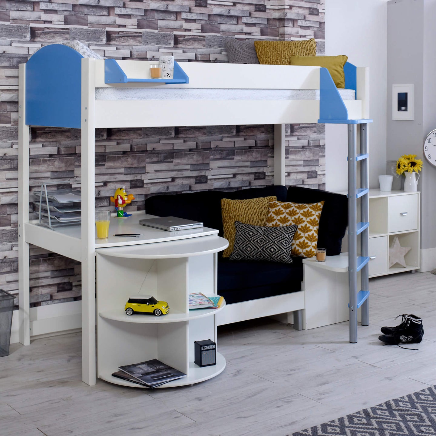 Noah high sleeper loft bed with chair bed, desk, and bookshelf in blue and white.