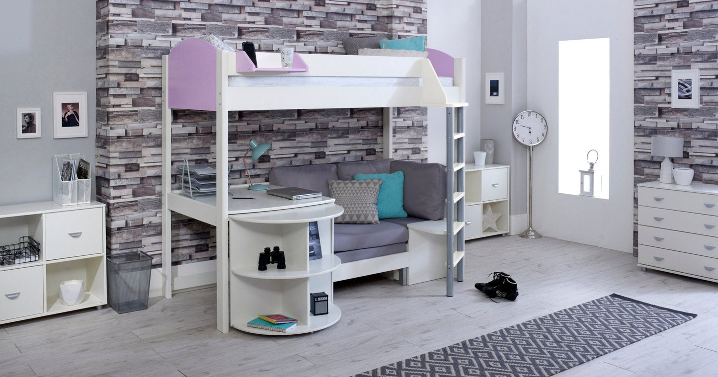 Noah High Sleeper Loft Bed with Chair Bed, Desk, and Bookshelf in a modern room setting.