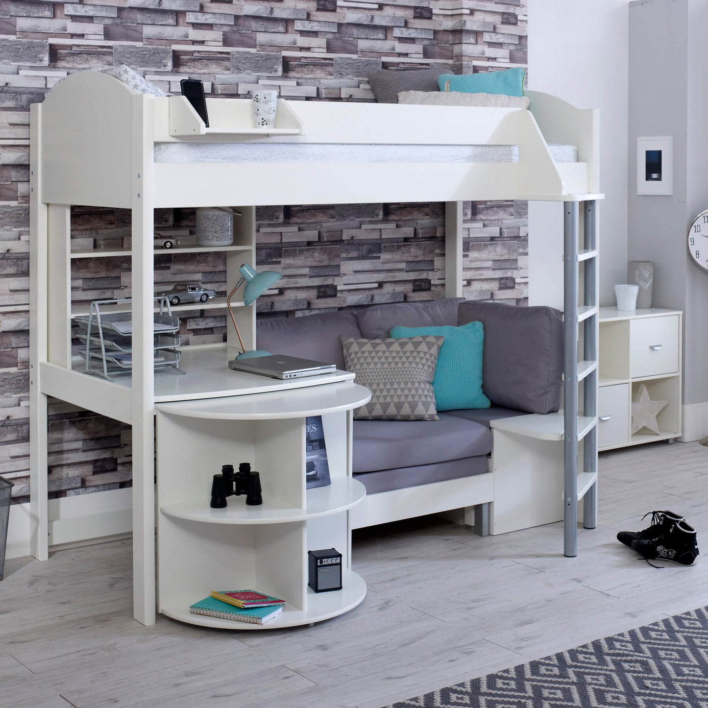 Noah high sleeper loft bed with chair bed, desk, and bookshelf in Scandinavian pine with white finish, ideal for teens.