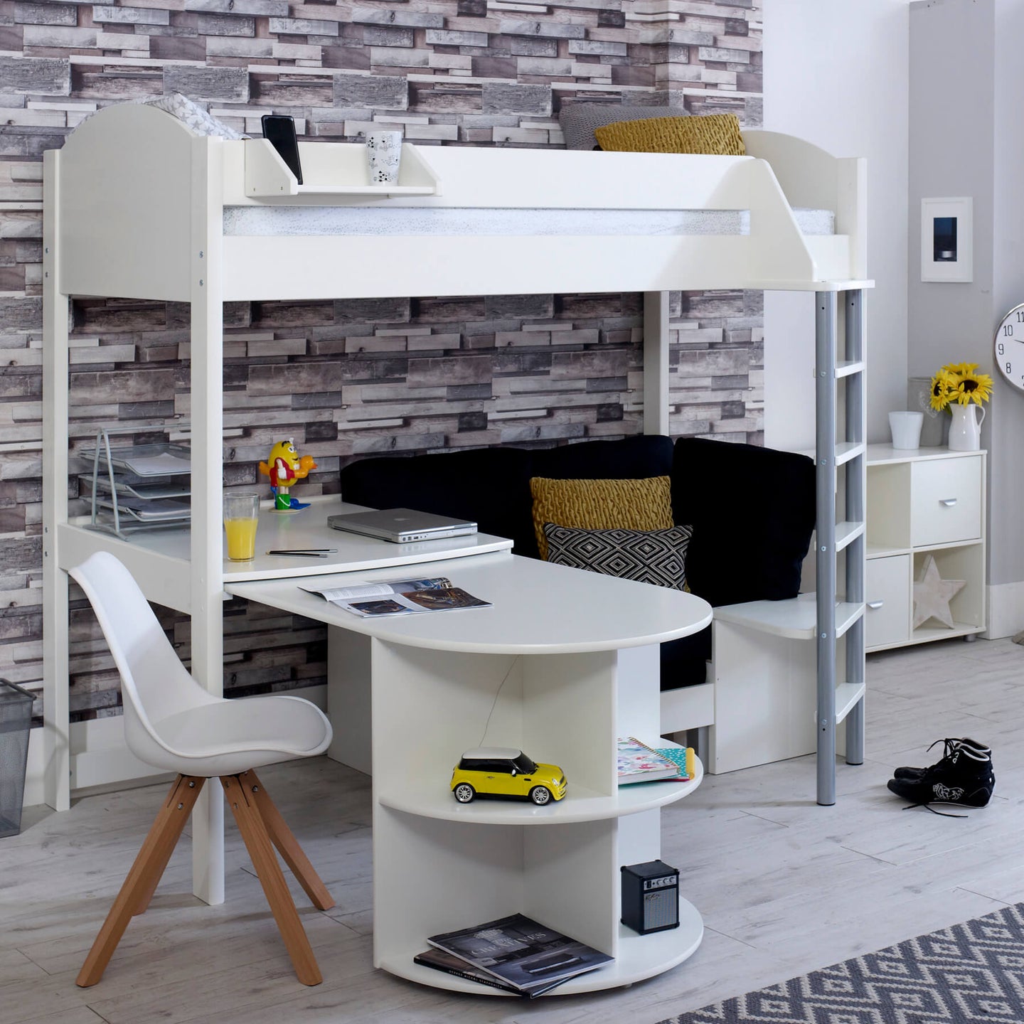 Noah high sleeper loft bed with chair bed, desk, and bookshelf in a modern room setting.