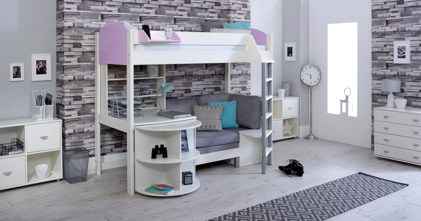 Noah high sleeper loft bed with chair bed, desk & bookshelf in a modern room.