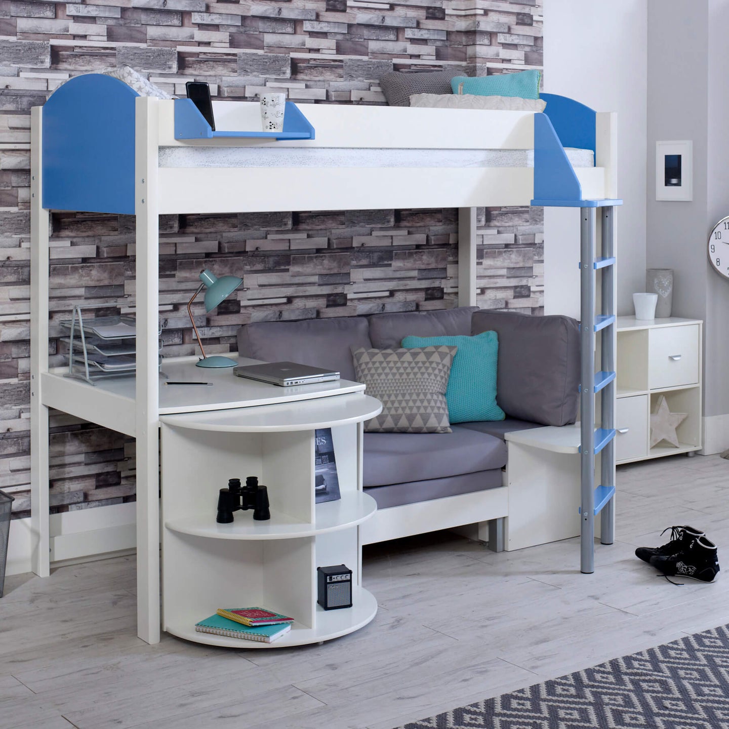 Noah high sleeper loft bed with chair bed, desk, and bookshelf in Scandinavian pine with blue accents in a modern teen room setting.