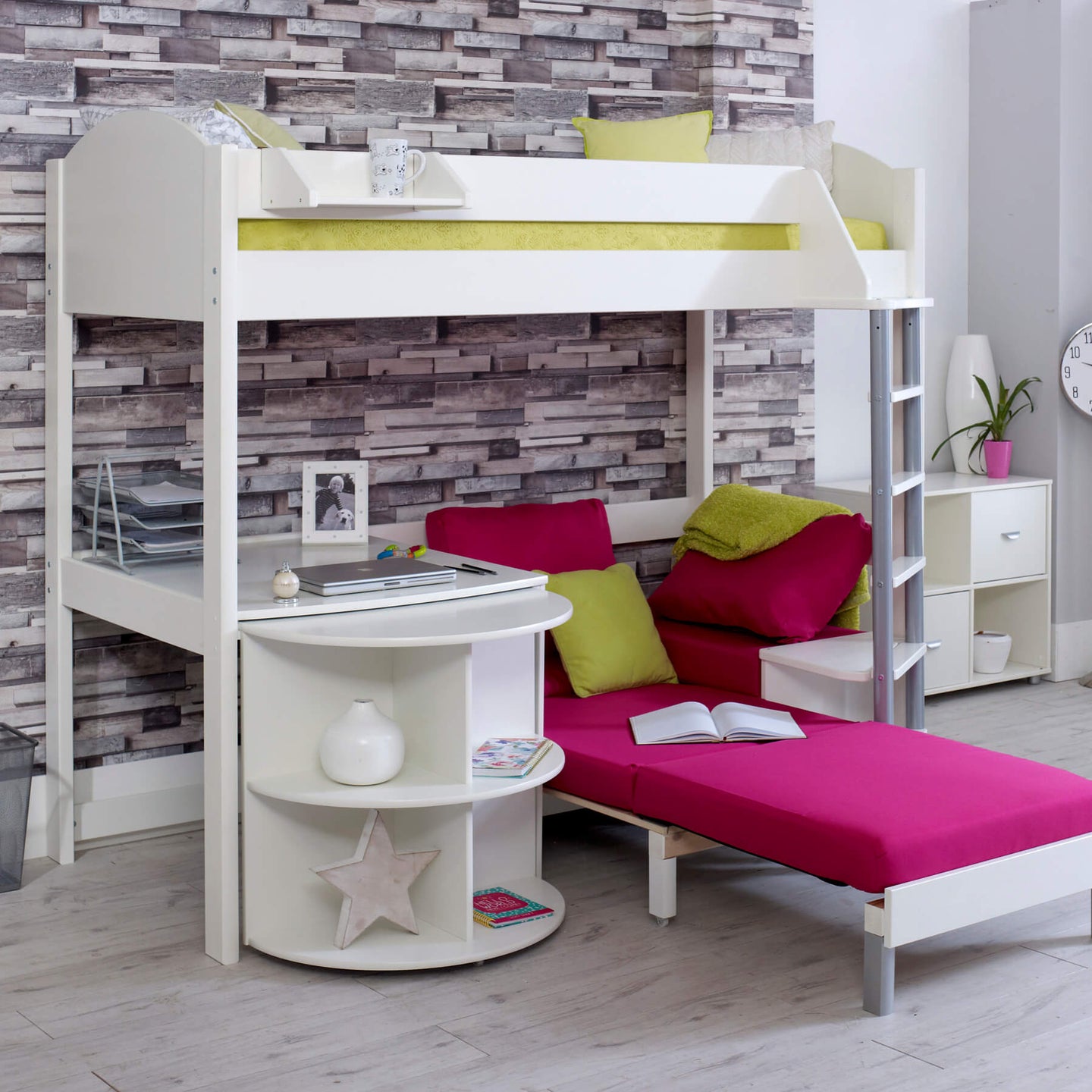 Noah high sleeper loft bed with chair bed, desk, and bookshelf in a modern bedroom setting.