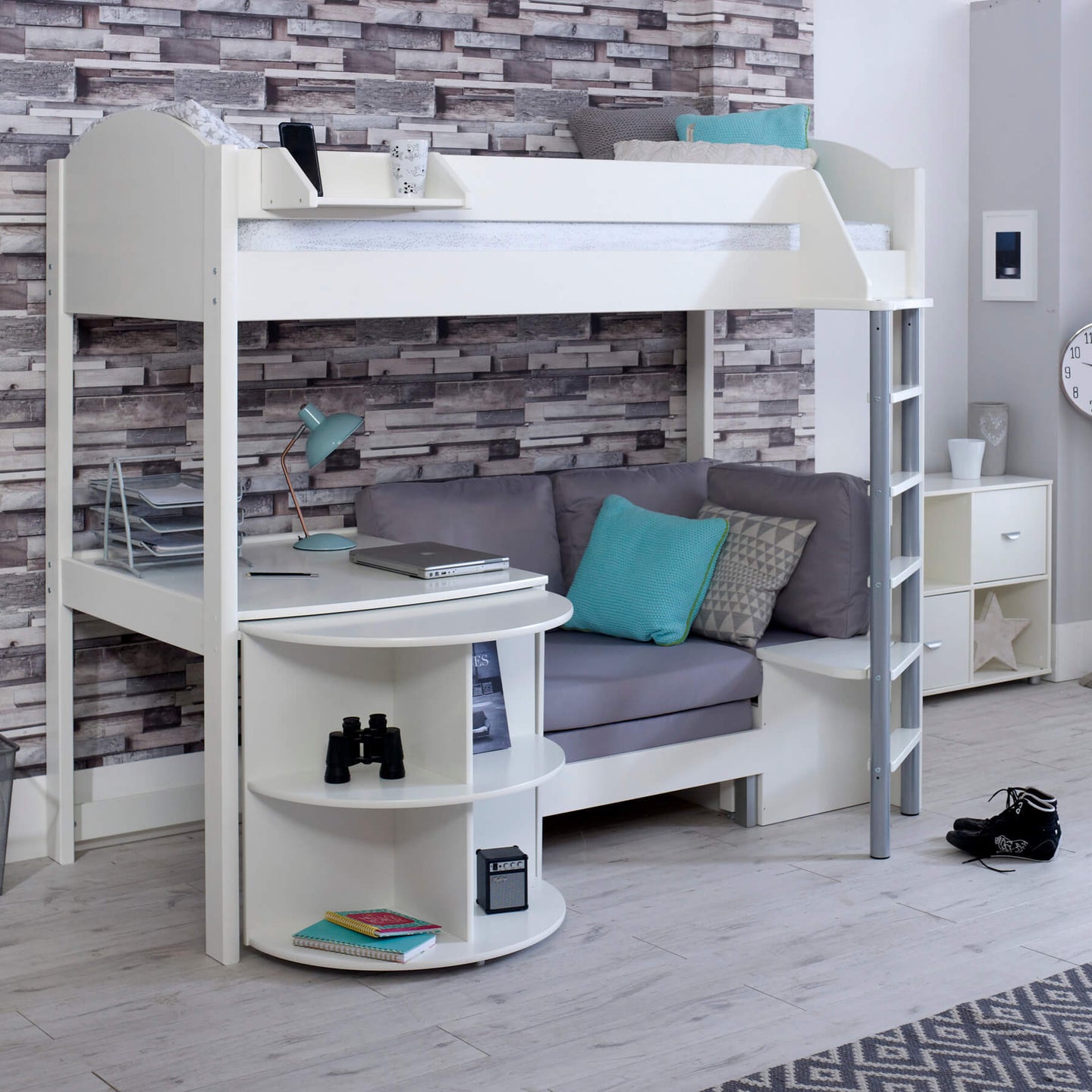 Noah high sleeper loft bed with desk, chair bed, and bookshelf in white Scandinavian pine, suitable for teens.