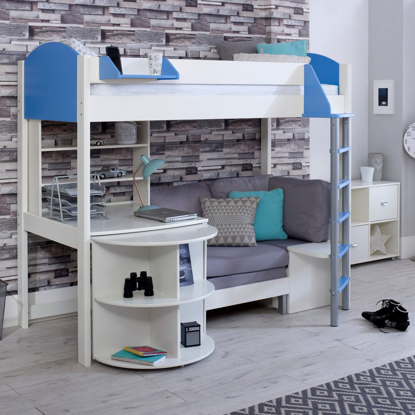 Noah High Sleeper Loft Bed with Chair Bed, Desk & Bookshelf in white and blue. Scandinavian pine frame with safety rails; includes extendable desk and sofa bed. Suitable for teens.