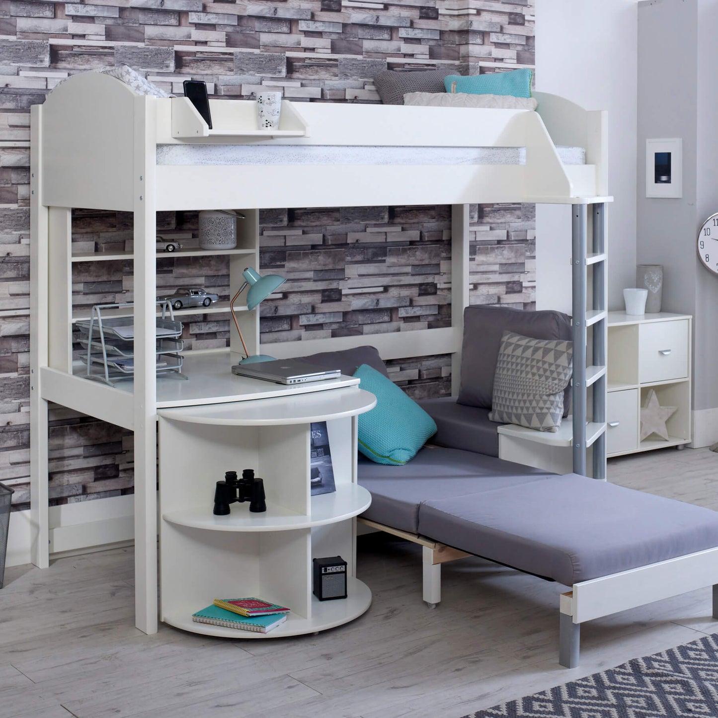 Noah high sleeper loft bed with chair bed, desk, and bookshelf in modern teen bedroom.