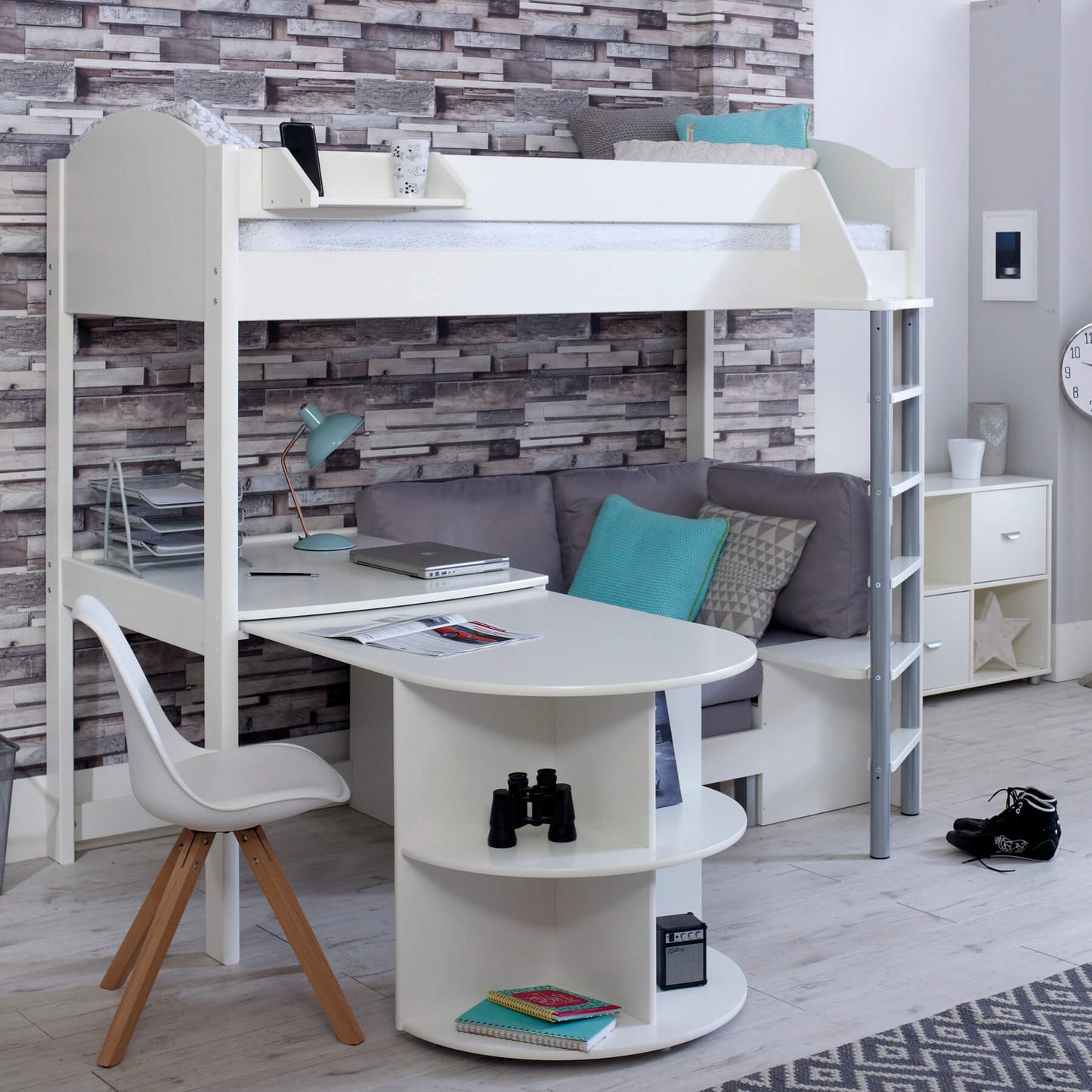 Noah high sleeper loft bed with chair bed, desk, and bookshelf for teens featuring Scandinavian pine frame and safety rails.