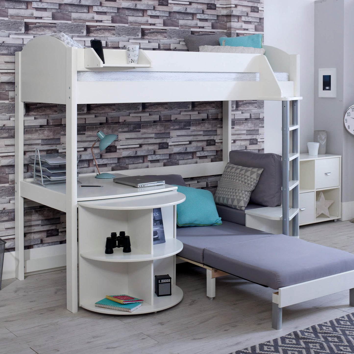 Noah high sleeper loft bed with desk, bookshelf, and chair bed in white, ideal for teens.