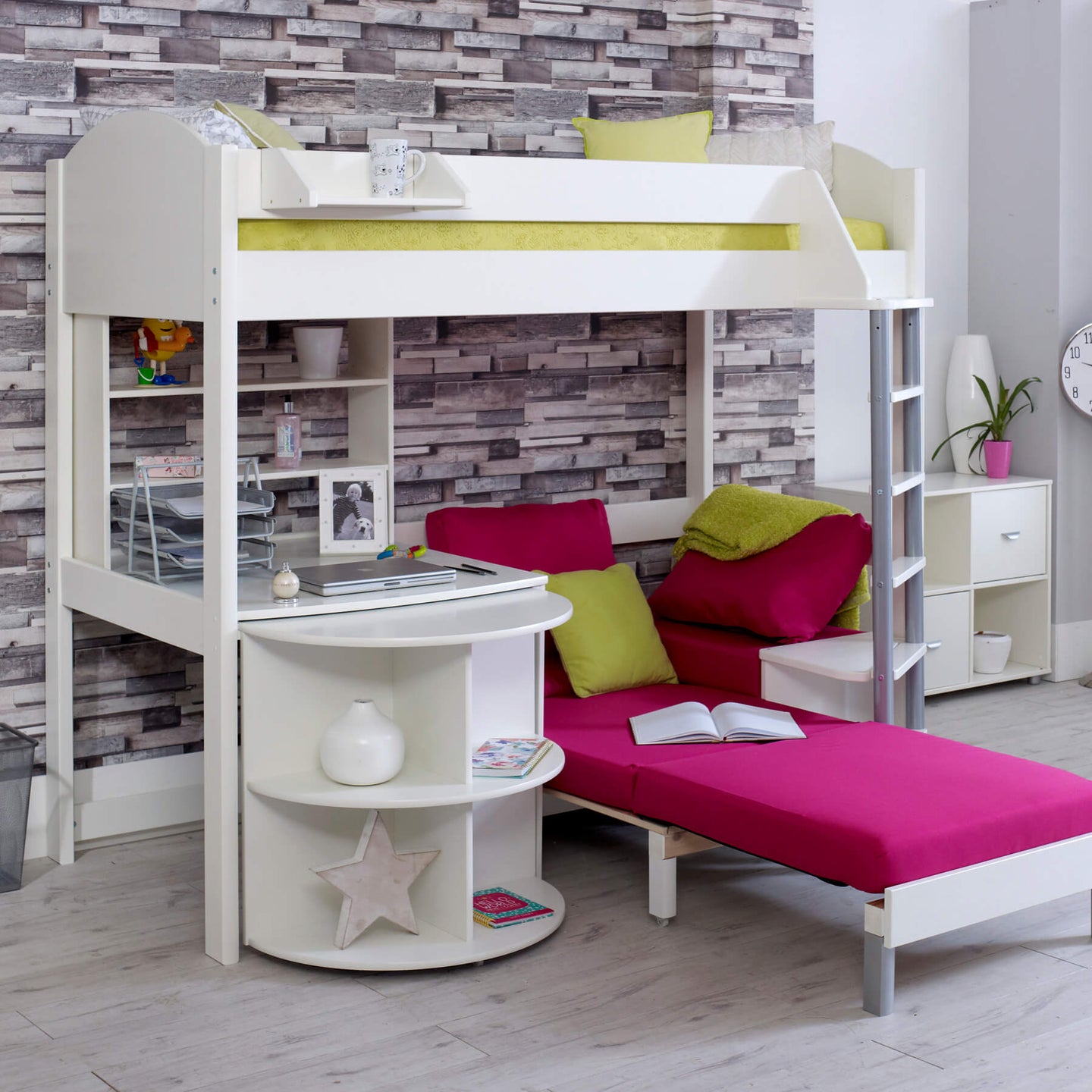 Noah high sleeper loft bed with chair bed, desk, and bookshelf in white and pink setup.