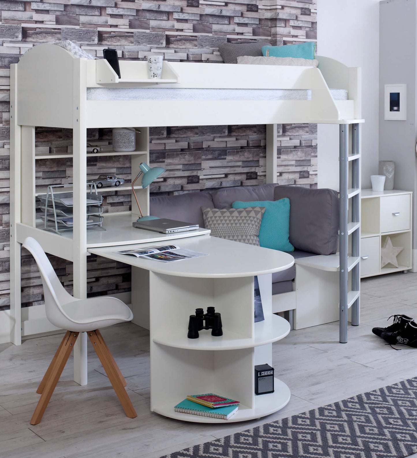 Noah high sleeper loft bed with pull-out chair bed, desk, and bookshelf in white finish.