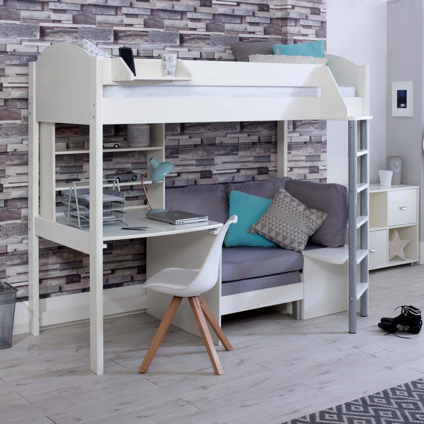 Noah High Sleeper Loft Bed with Chair Bed, Desk, and Shelves in a modern bedroom setting.