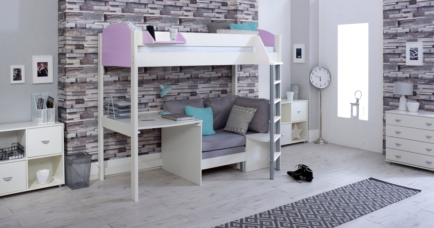 Noah High Sleeper Loft Bed with Chair Bed, Desk, and Shelves in modern room setting.