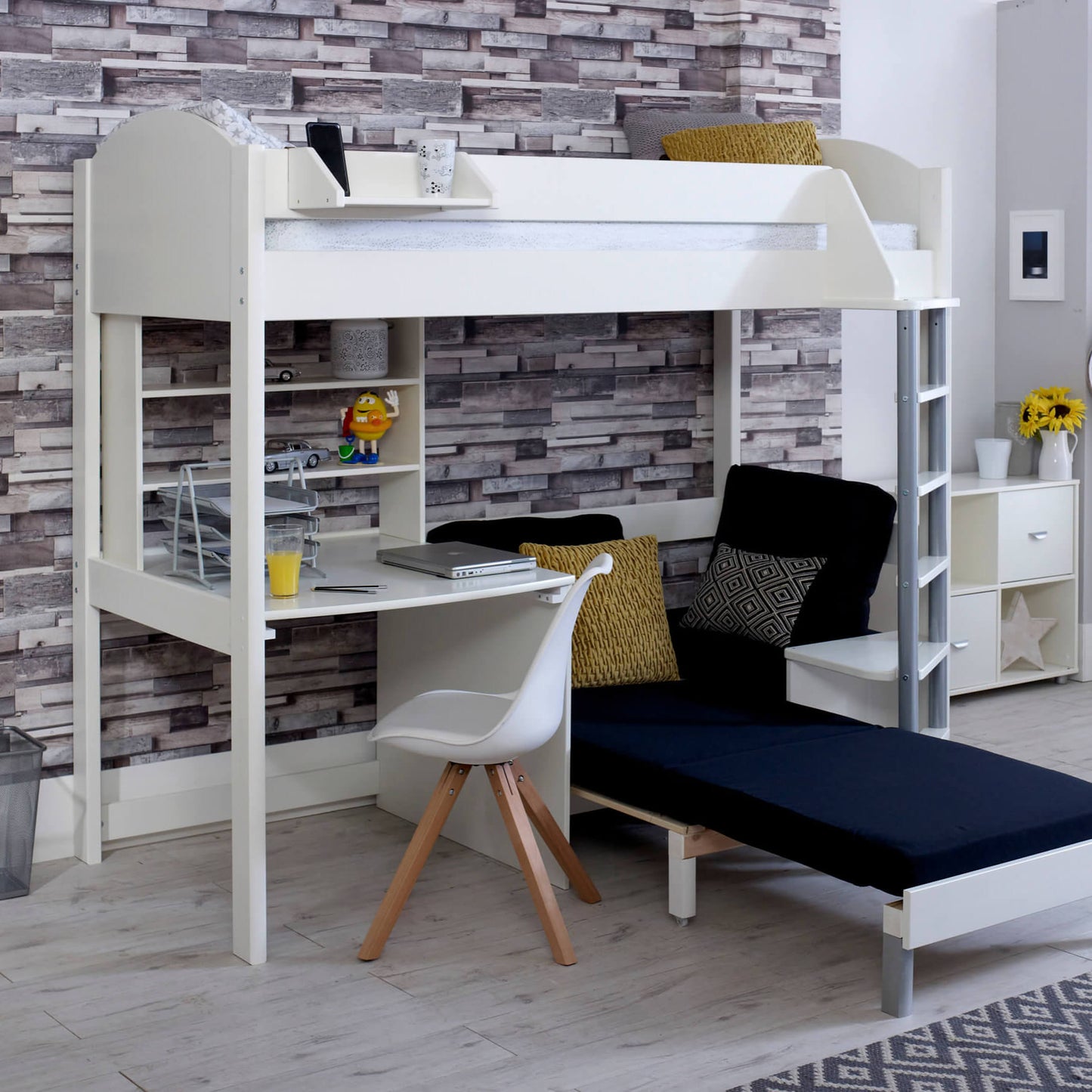 Noah High Sleeper Loft Bed with Chair Bed, Desk, and Shelves in a stylish white Scandinavian pine frame, featuring black cushions, integrated desk, and customizable ladder.