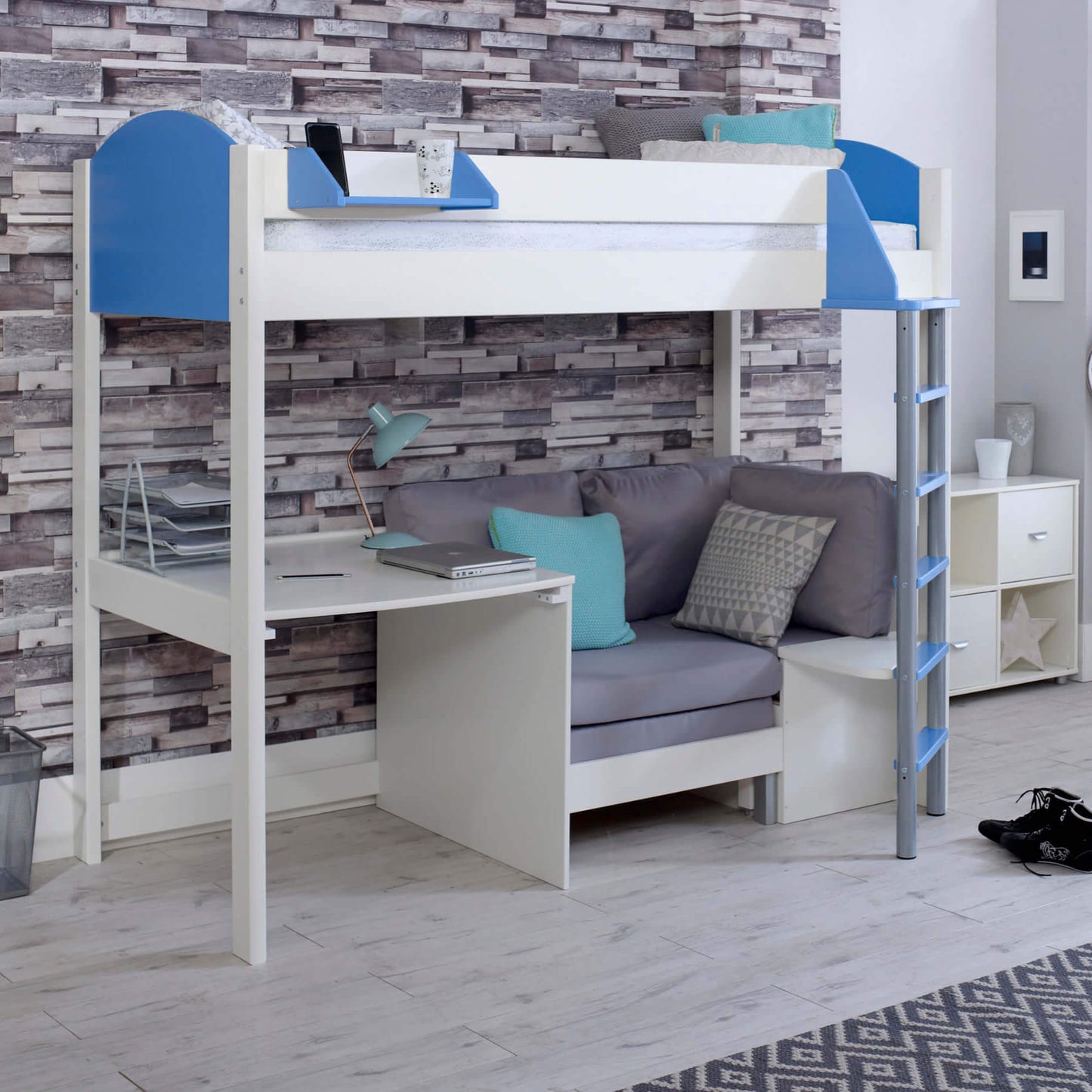 Noah High Sleeper Loft Bed with Chair Bed, Desk, and Shelves - Scandinavian pine frame with blue accents, space-saving design for children or teens.