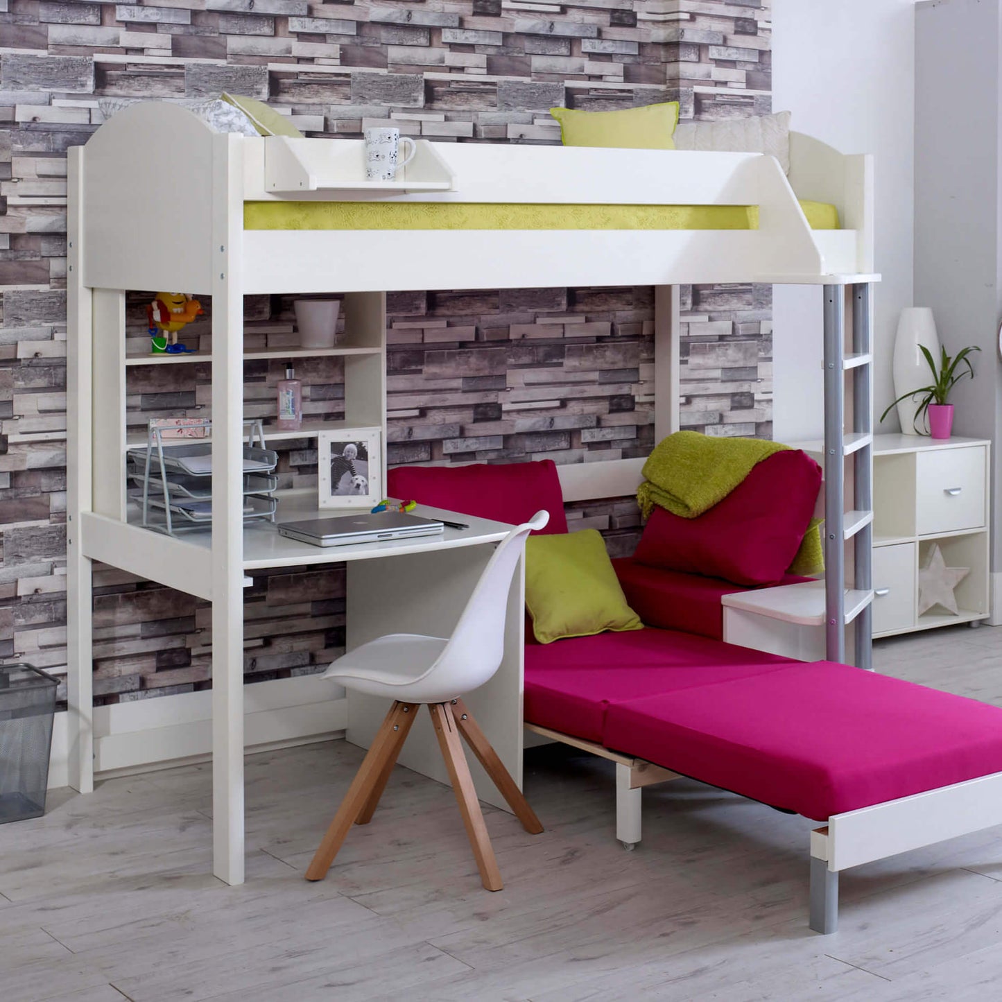 Noah High Sleeper Loft Bed with Chair Bed, Desk & Shelves in a stylish bedroom setting