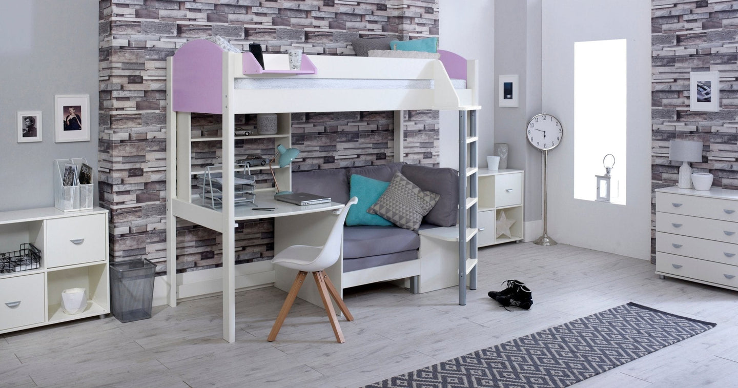 Noah high sleeper loft bed with chair bed, desk, and shelves in a stylish room.