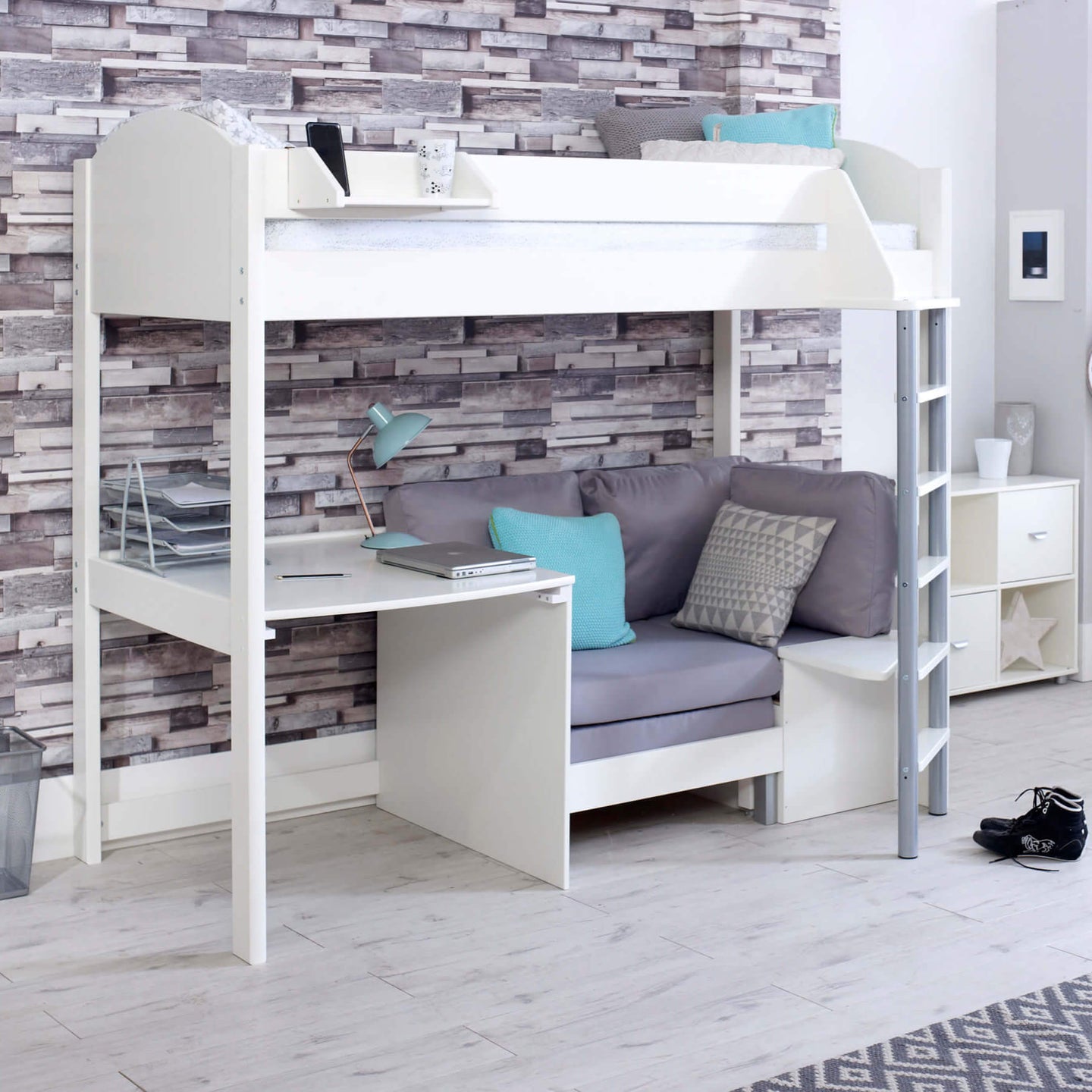 Noah High Sleeper Loft Bed with Chair Bed, Desk, and Shelves in White Scandinavian Pine